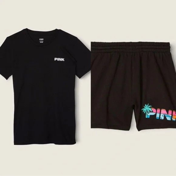 VS Pink SET Black Tropical Campus Tee & Black Tropical Shine 3.5 Campus Shorts